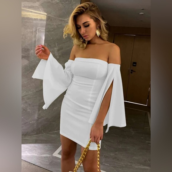 Joyfunear Off Shoulder Split Sleeve Bodycon Dress - Picture 1 of 5
